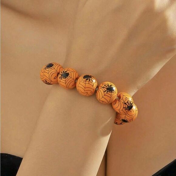 Wooden Spray Painted Black Spider Print Bracelet , Halloween Party - Picture 4 of 10